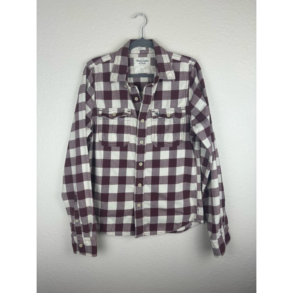 Abercrombie & Fitch Plaid Flannel Shirt Burgundy White Muscle Fit Large